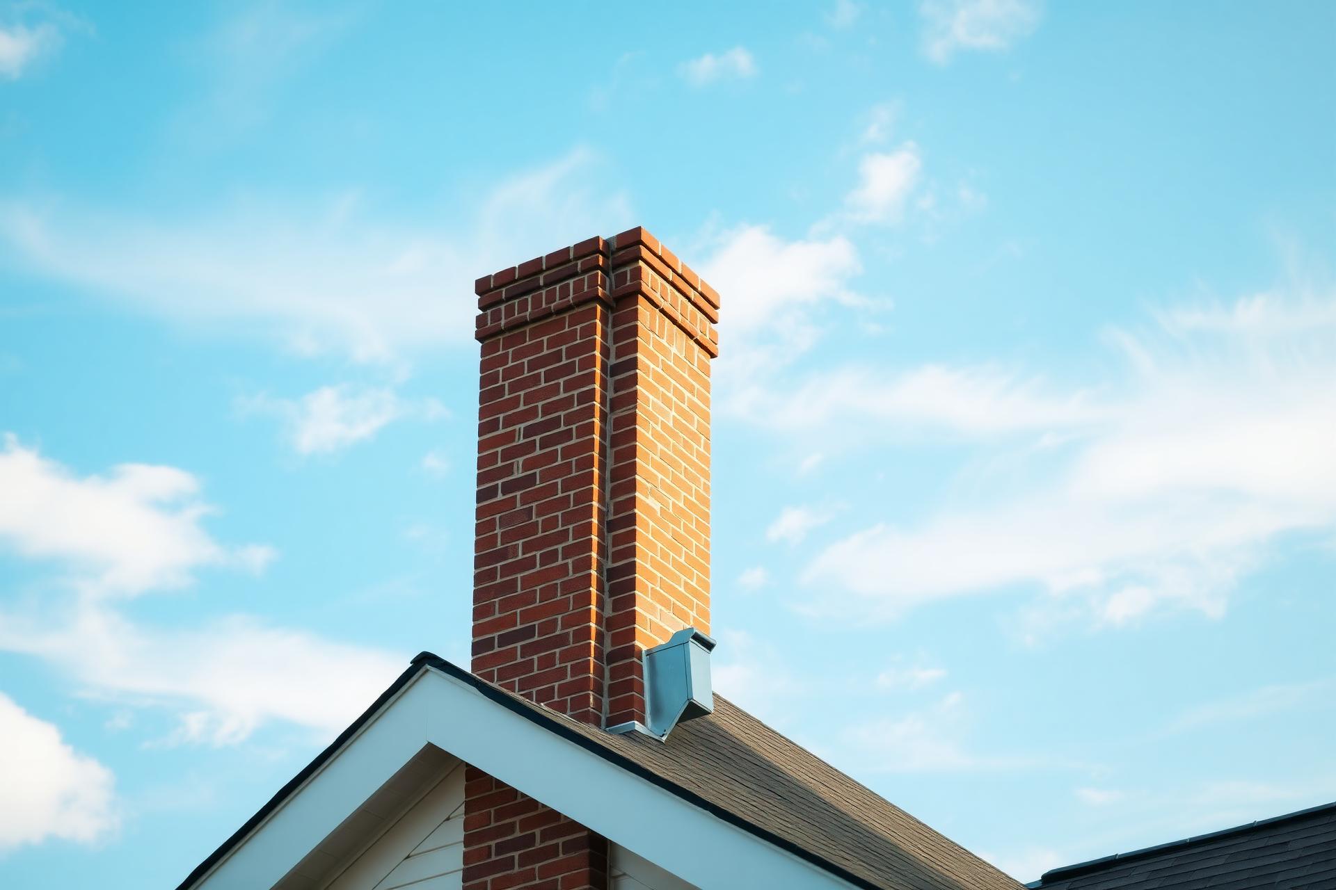 Brick chimney on a bright Virginia home roof against a blue sky