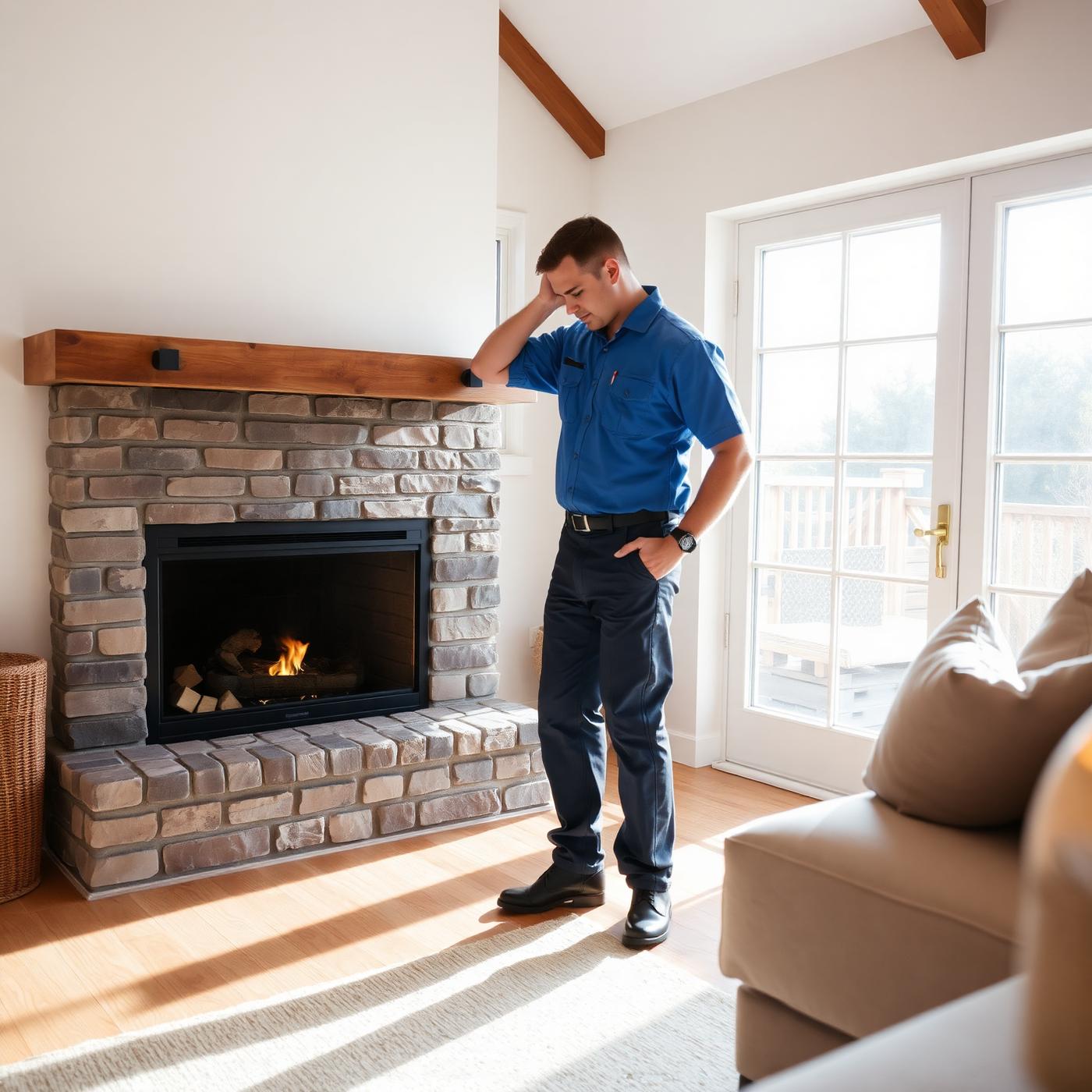 Chimney technician inspecting a fireplace in a bright modern living room